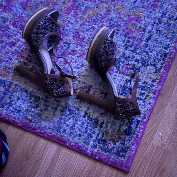 Frye Grace Woven T Strap Platform High Heels Leather Sandals Shoe - Picture 4 of 5